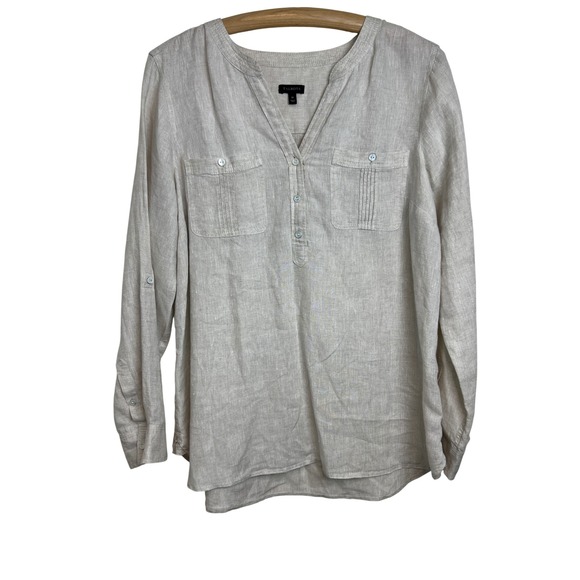 Talbots Tops - Talbots Linen Henley Blouse Women Size M Beige Roll Tab Sleeve Pintuck F17